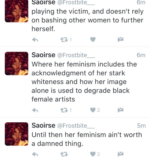 therealstarfire:  I’m seeing calls for people to defend Taylor swift and again seeing Taylor swift used to degrade other women who don’t fit the respectable feminist image.  As a black woman I don’t owe her shit nor does anyone else in the name