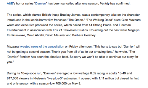 ‘Damien’ Cancelled At A&E After One Season