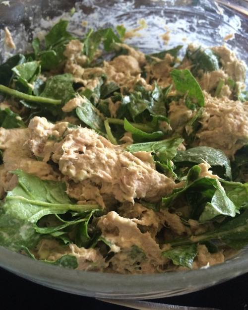 irrelephantlybeautiful:Tuna guacamole salad mix with spinach. Wanted to use up my ripe avocado and h