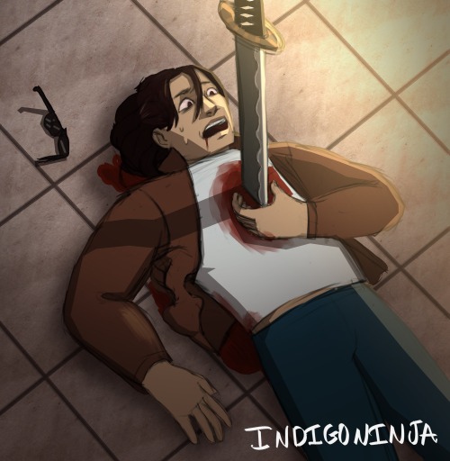 Art of my Monday character getting “non-lethally” impaled.He lived.