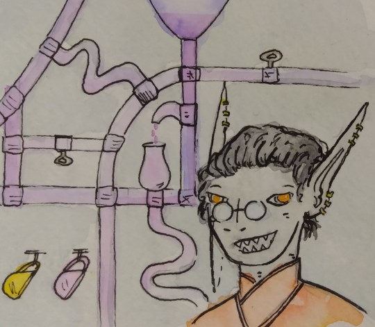 Griphook, a grey-skinned goblin, faces the viewer in front of a network of pipes with purple tea in them