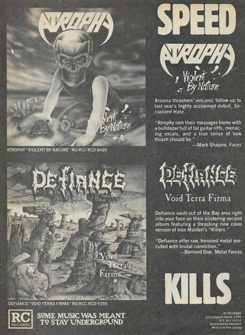 RC Records ad: Atrophy - Violent by Nature and Defiance - Void Terra FirmaJuly 1990