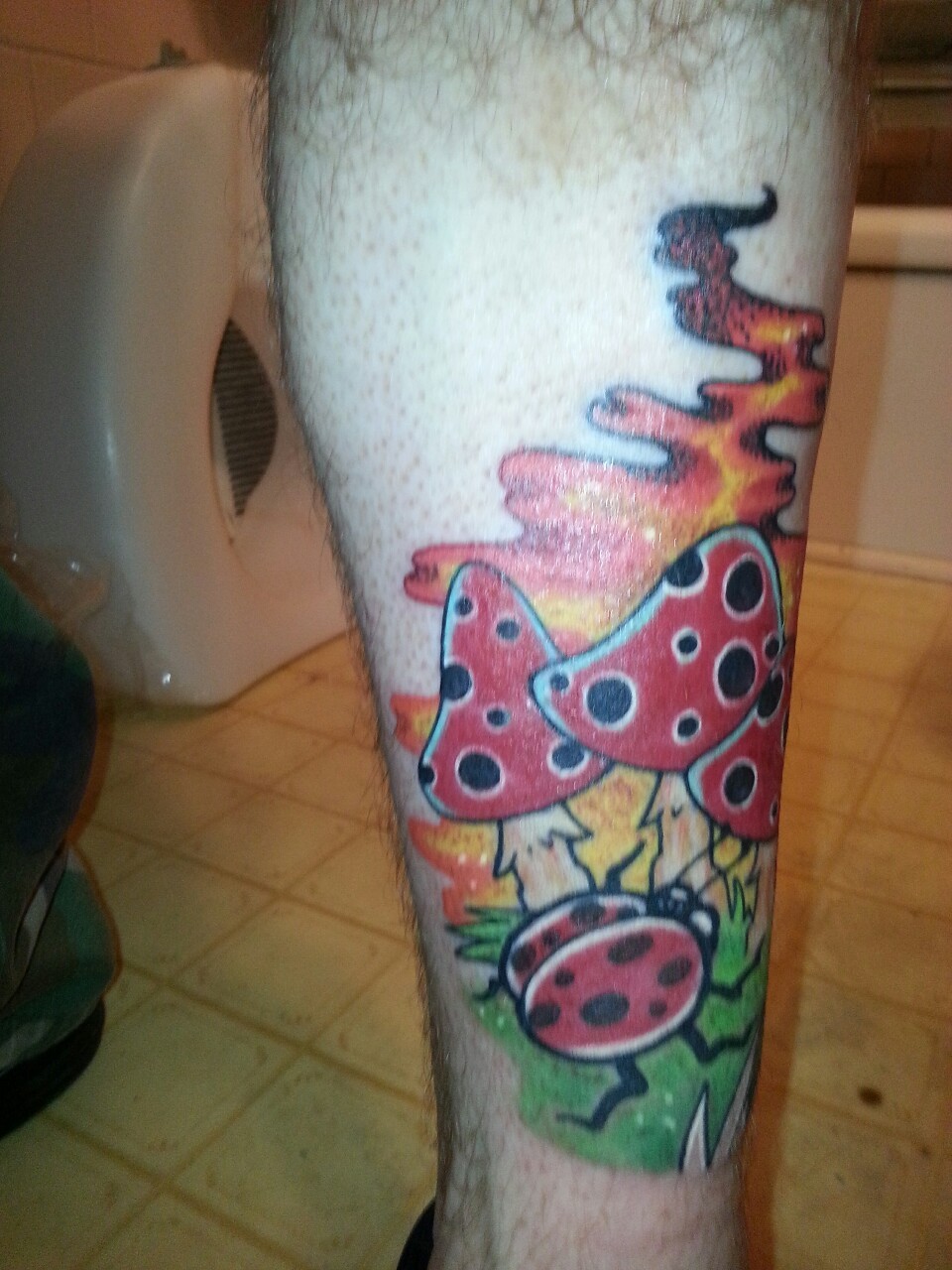 My new tattoo I got tonight..  always wanted some mushrooms and the ladybug is for