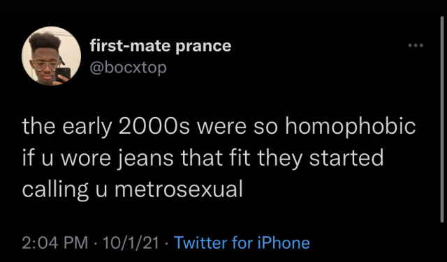 ladyhatty:thewanderingdelusion:otakasensei:temporarychihuahua:iamnotlanuk:why does no one remember how homophobic the 00s were? this totally checks for 2003I’M DECEASEDwas the person shocked that this was in 2003 around in 2003? It was progressive