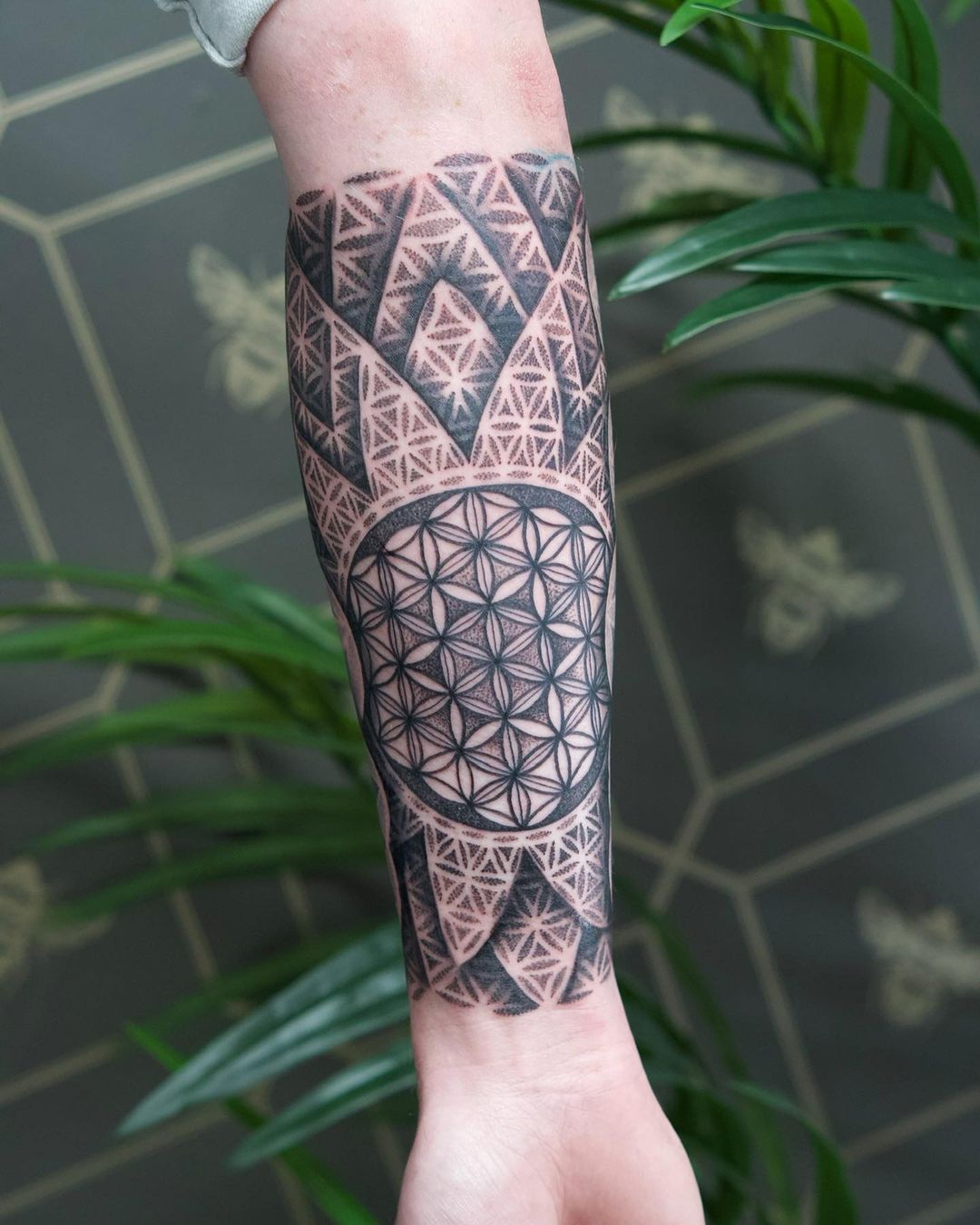 Flower of life peacock sleeve continuation  Mary Jane Tattoo  Dotwork  Artist  Artlien gypsy