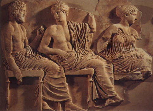 commonurl: Poseidon, Apollo, and Artemis.  Parthenon frieze.  Ca. 445 BC.  Marble.&nb