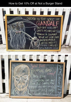 tastefullyoffensive:  How to Get 10% Off Your Order at Not a Burger Stand in Burbank, CAChalk art by Lila RouxPreviously: Funny and Creative Sandwich Board Signs