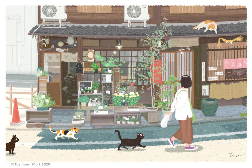 たびねこイラスト新作『京都の花屋』です。故郷の香川県に帰省した帰りに京都で途中下車。「西陣」にあるという、「古い建物が集まった路地」を目指してテクテク歩いていると、面白い店を発見。山野草みたいなのをお