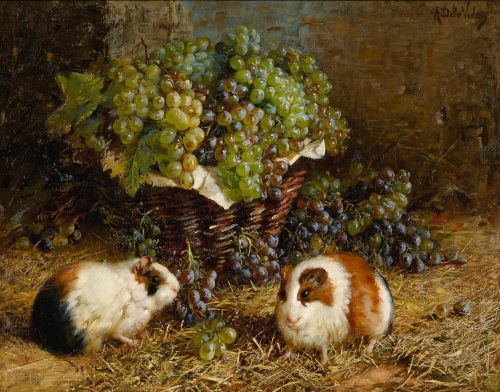 wtxch:Antonio delle Vedove (Italian, 1865-1944)Guinea pigs and a basket of grapes
