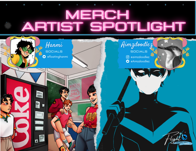 A graphic announcing Hanmi and Aimzdoodlez as zine merch artists. Hanmi is at floatinghanmi on Twitter, while Aimzdoodlez is at aimzdoodlez on Instagram and Twitter.