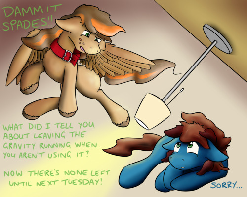 askspades:  I got in… well… trouble again. Luckily, the barn has no plumbing, so I can’t use up all the hot water. Today I used up all the gravity. I just don’t know what went wrong. In response to this and this.  xD! Oh Spades~