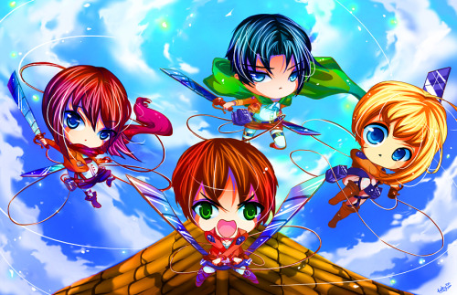 Chibi Mikasa, Eren, Levi, and Armin from Attack on Titan~. Ack!! Been so long since I drew chibis OT