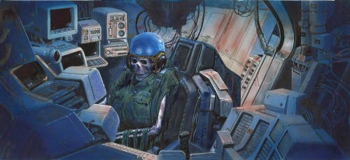 70sscifiart:  Douglas Chaffee was a sci-fi artist since 1967, although these space skeletons come from his concept art for 1995 video game Mission Critical. Looks like he slipped his own name on a nametag.