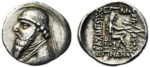 Silver Parthian drachmas. The first drachma is of king Mithridates I (171-135 BCE), the second, King