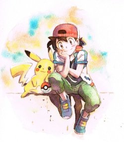 pokeshipping:A watercolor drawing of Ash that Shizue Kaneko (character designer for movie 21) shared on her twitter last month (x)