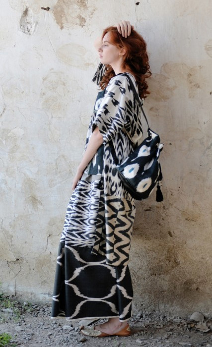 Bibi Hanum creates traditional and contemporary clothing using hand woven ikat fabric from master cr