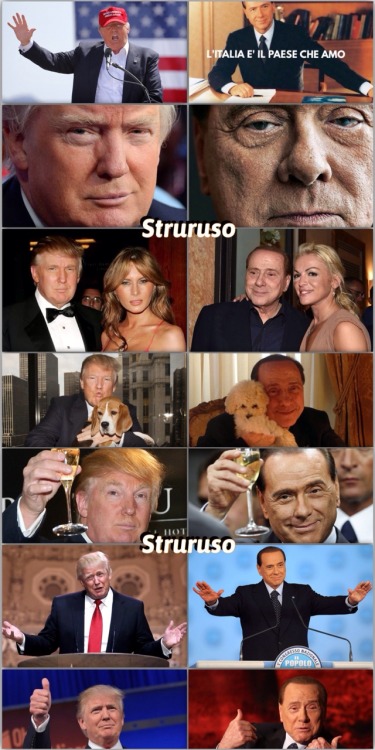 struruso: Più guardo Donald Trump e più mi convinco che il miliardario americano ha “costruito” il suo personaggio ispirandosi al nostro “caro” Silvio Berlusconi.. Il motto della sua campagna elettorale “make america great again” (rendiamo