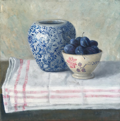 Vase and Plums   -    Wil KroonDutch, b.1947-Oil on canvas,40 x 40 cm.