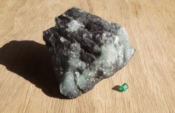 flameovereffectminerals:  Emerald Be3Al2(SiO3)6::Cr  -  9.CJ.05 (Strunz)(from Bogota, Colombia [rough], from Minas Gerais, Brazil [cut]) Emerald is a variety of the mineral called beryl, it contains chromium and vanadium, which give it its characteristic
