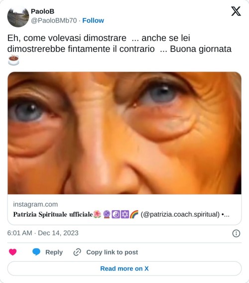 Eh, come volevasi dimostrare ... anche se lei dimostrerebbe fintamente il contrario ... Buona giornata ☕ https://t.co/5sBAjBNSSo  — PaoloB (@PaoloBMb70) December 14, 2023