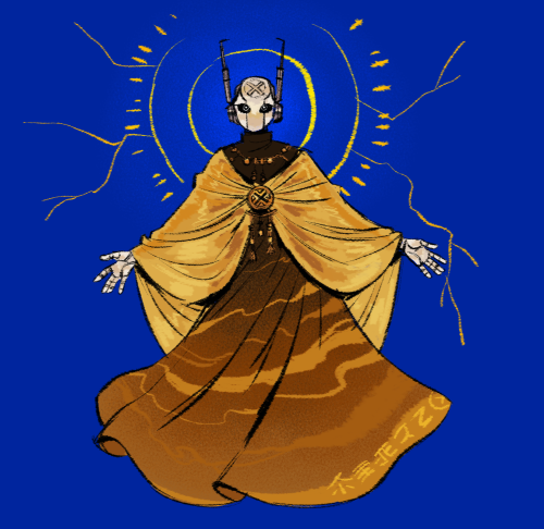 digital art of sliver of straw over a vivid blue background. she's facing the viewer and spreading her hands out, with a yellow halo behind her. she's wearing a robe with a black to deep gold gradient, with several flowy gold horizontal stripes across it. over it is a translucent yellow shawl that covers her arms and torso. it's clasped at the center of her torso with a large circular medallion with the X symbol; three tassels are hanging on it. she's also wearing a matching gold beaded necklace.