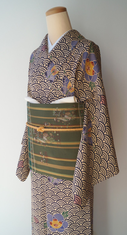 Full katazome kimono with seigaiha (waves), butterflies and camellia motifs (seen on)