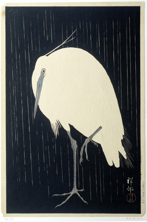 Ohara Koson, Great White Egret in the Rain, 1925-36. Colored woodcut. Published by Watanabe Shôzabur