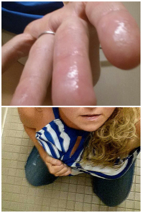 My sub on her knees in a public restroom showing me how wet she is waiting for me