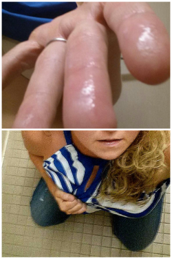 My sub on her knees in a public restroom