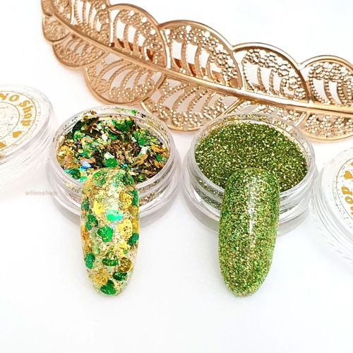 Variety selection of green and gold glitter for St. Patrick&rsquo;s Day nails! Shop link in bio!