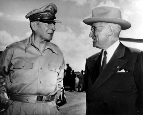 General of the Army Douglas MacArthur and President Harry S. Truman on Wake Island in October 1950 a
