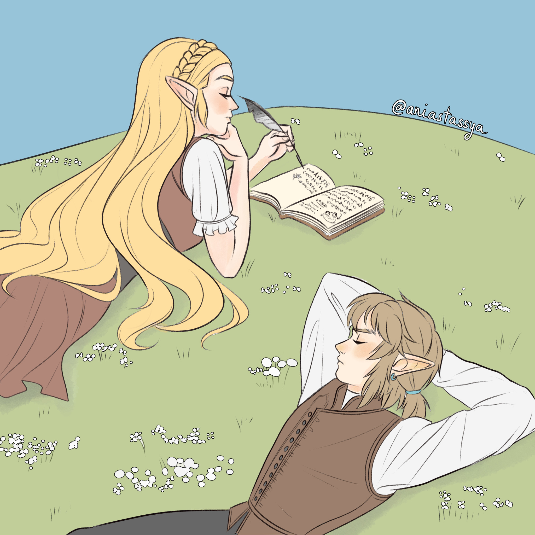 Link and Zelda lying on the grass