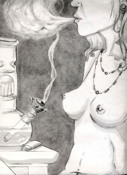danieldabs:  erotic-maryjane:  mollydma:  Here’s a drawing I’ve been working on for fun. It’s always 420 at my place ;)  srsly dope drawing girl! xo   I love the detail. Arm perc in the bong and everything.