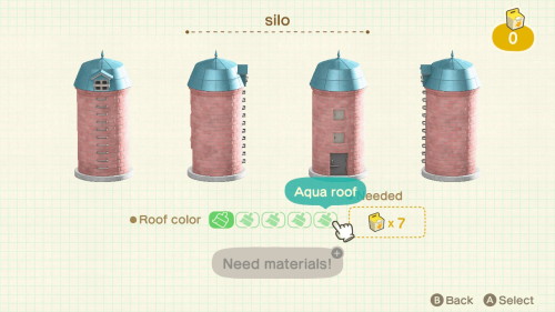 Item: silo# of customizations: 5Customization names: red roof, green roof, blue roof, black roof, aq
