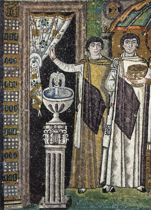 jeannepompadour:Mosaics at San Vitale in Ravenna showing Emperor Justinian, Empress Theodora, their 