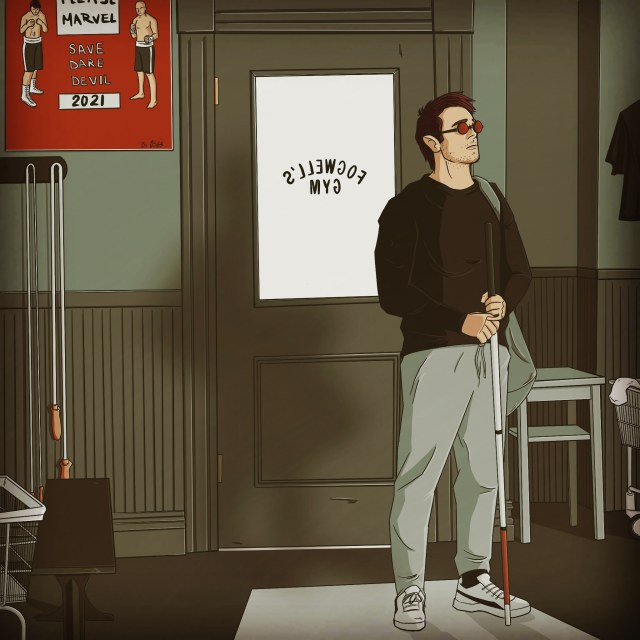 Drawn scene from Daredevil S1. Matt (Daredevil) stands at the entrance of fogwell gym while holding his cane. A bag hangs from his shoulders. There's a SaveDaredevil poster to the left. 