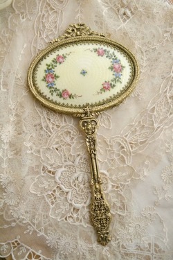 le-es-th-et-iq-ue:Antique Guilloche Ormolu Hand Mirror &amp; Lace ⚜ Esthétique ⚜    