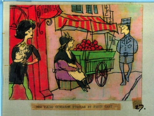 Storyboard for the animated trailer to the Billy Wilder film, Irma La Douce (1963).