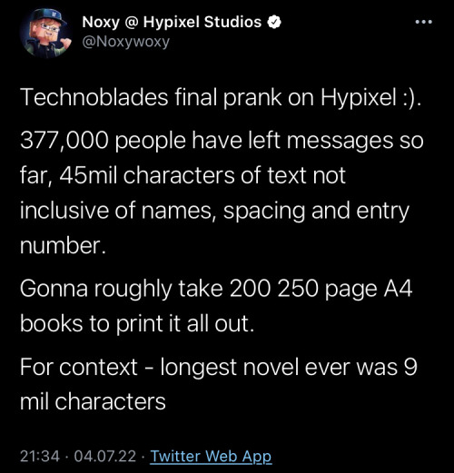 A Status Update On The Technoblade Memorial On Hypixel!