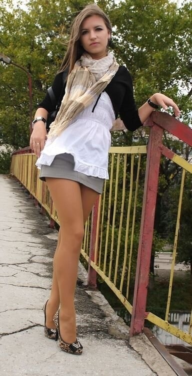 fashion-tights:  Scarf, cardigan, white top and grey skirt with nude pantyhose and
