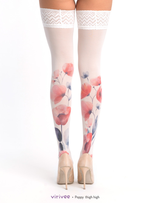 Poppy thigh high stay-upPrinted poppy pattern on white semi-opaque hold-up. The pattern is differe