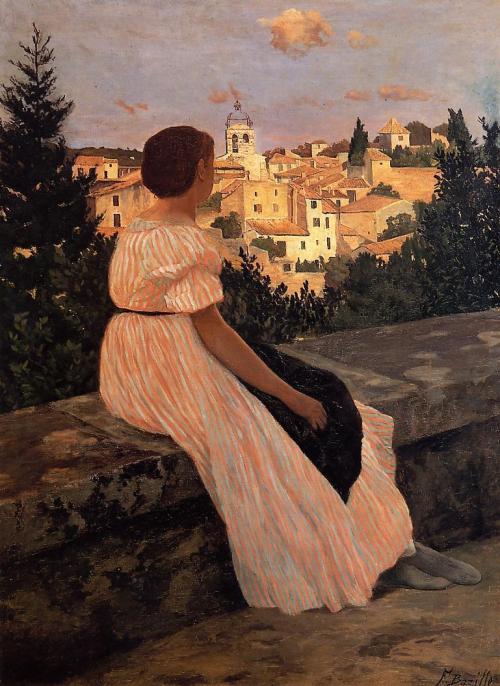 artist-bazille: The Pink Dress, 1864, Frederic Bazille Medium: oil,canvas