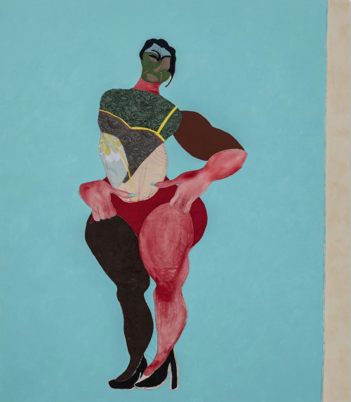 Tschabalala Self   (US, 1990)Leotard, 2019. Fabric, acrylic on painted canvas  243.8 x 213.4 cm96 x 