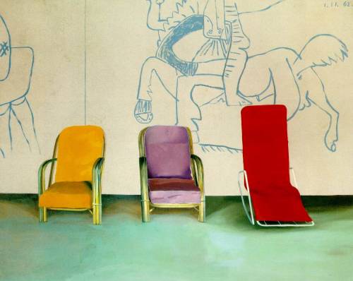 tremendousandsonorouswords:  David Hockney, Three Chairs with a Section of a Picasso Mural, 1970