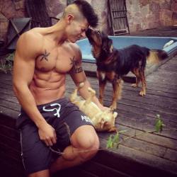 keepemgrowin:  Aww… cool pets and hot muscle.evianguy:  Hawt Asian Stud!