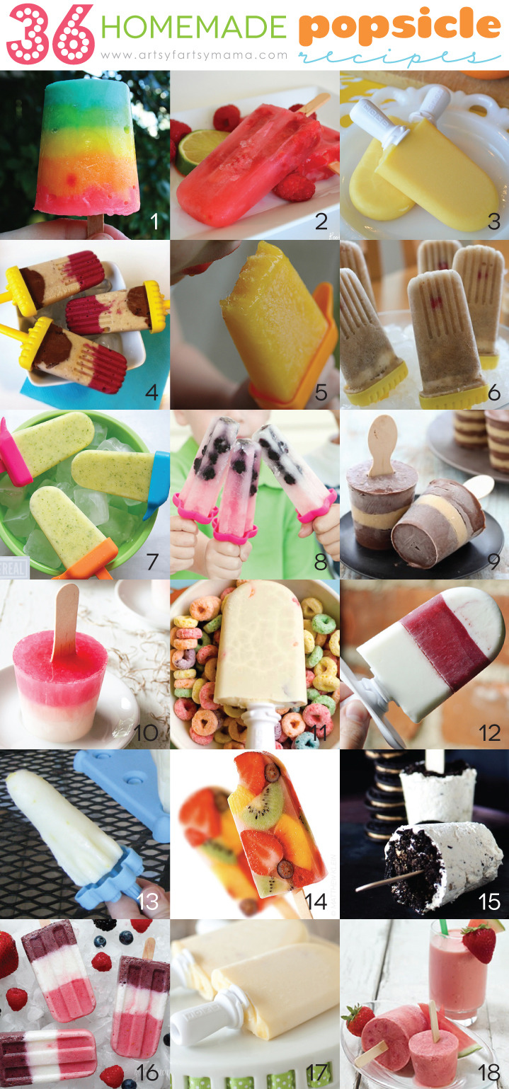 thecakebar:  36 Homemade Popsicle Recipes By Artsy Mama 1. Rainbow Pudding Pops by