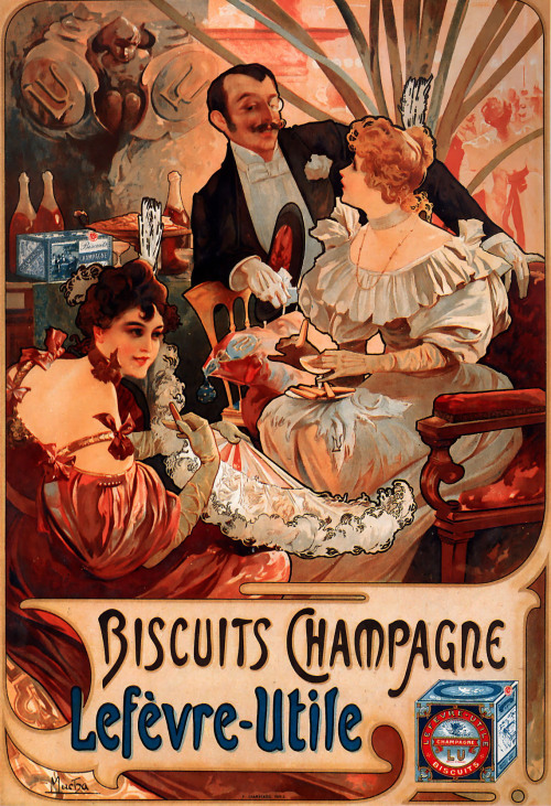 ageless-inspiration: Alphonse Mucha. 1. Flirt Lefevre Utile. 1899 2. Biscuits Champagne Lefevre Util