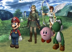 suppermariobroth:A screenshot found in the data of Super Smash Bros. Brawl which seems to depict an unused scene from the Subspace Emissary mode. The scene appears unfinished, notably due to a lack of shadows and Kirby’s irregular mouth.