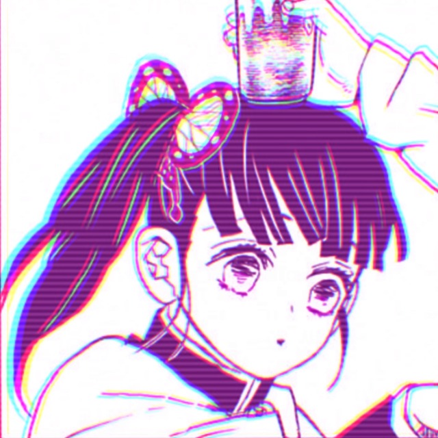 an icon of kanao from demon slayer manga. it has a purple filter. tanjiro rests a cup on her head as she looks surprised.