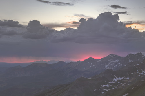 A sunset over the San Juan Mountains in southwest Colorado.  The rain caused the sunset to appear un